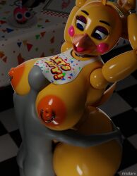 1boy 1girl 3d 3d_(artwork) animatronic anon anonymous_male beak bird breasts chicken cupcake_(fnaf) five_nights_at_freddy's five_nights_at_freddy's_2 huge_breasts hugging implied_sex male male/female rimstar runaboo_chica standing_missionary toy_chica_(fnaf) vaginal vaginal_penetration