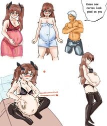 archer archer_(fate) big_belly big_breasts blue_eyes blush brown_hair cleavage clothed dark-skinned_male darkhunter5168 emiya_shirou fate/stay_night fate_(series) hair_ornament holding_belly long_hair male navel outie_navel pregnant thick_thighs thighhighs tohsaka_rin towel tsundere twintails white_hair