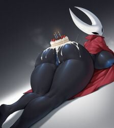 hollow_knight hollow_knight:_silksong hollow_knight_(franchise) hornet_(hollow_knight) looking_at_viewer looking_back lying lying_on_stomach from_behind big_ass huge_ass big_breasts blue_areola huge_breasts cloak practically_nude thick_thighs pussy anus legs_together steam cream cake candle strawberry mask arachnid arachnid_humanoid black_body solo female cake_on_ass ai_generated 1girl wrongnumberai red_clothing spider_girl humanoid
