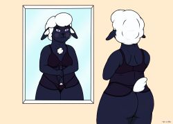 anthro big_breasts blush bovid breasts butt caprine clothed clothing digital_media_(artwork) domestic_sheep female hair hi_res lingerie mammal mirror not-a-fox sheep simple_background slightly_chubby solo tail