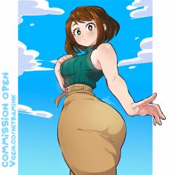 my_hero_academia ochako_uraraka ochaco_uraraka ochako_time-skip slowtrvm boku_no_hero_academia uraraka_ochaco absurdres commentary english_commentary highres 1girl ass ass_focus bare_shoulders belt blue_sky breasts bright_pupils brown_eyes brown_hair cloud cloudy_sky english_text from_behind looking_at_viewer looking_back open_mouth short_hair sidelocks sky sleeveless sleeveless_turtleneck turtleneck