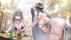 2girls ass august_von_parseval_(azur_lane) azur_lane bikini black_horns blue_bikini breasts card chandelier collarbone commentary_request curled_horns dress grey_dress grey_hair highres holding holding_card horns indoors lace-trimmed_thighhighs lace_trim large_breasts long_hair looking_at_viewer manjuu_(azur_lane) mole mole_on_collarbone mole_under_eye multiple_girls official_alternate_costume official_art parted_lips purple_eyes purple_hair red_eyes saint-louis_(azur_lane) sideboob swimsuit thighhighs third-party_source underboob white_thighhighs