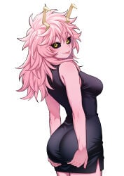 1girl :p absurdres aged_up antennae ashido_mina ashido_mina_time-skip ass black_dress black_sclera boku_no_hero_academia breasts colored_sclera colored_skin dress hands_on_own_ass highres kobaji looking_at_viewer medium_breasts medium_hair mina_ashido mina_ashido_time-skip my_hero_academia pink_hair pink_skin simple_background solo thighs tongue tongue_out white_background yellow_eyes