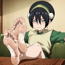 toph_bei_fong avatar_the_last_airbender ai_generated haremoverlord female female_only female_focus 1girls 1girl small_breasts legs legs_crossed feet feet_focus foot_fetish barefoot soles teasing