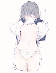 1girl blush bow bow_panties breasts clothes_lift commentary covered_face covering_face cowboy_shot grey_hair hanamari_(siii_siii15) hands_up highres large_breasts lifting_own_clothes lingerie long_hair long_sleeves navel nipples no_bra no_pants original panties pee peeing peeing_self school_uniform shirt shirt_lift simple_background solo standing stomach straight_hair underwear untranslatable_commentary white_background white_panties white_shirt