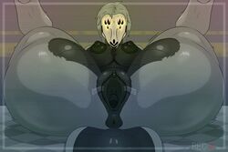 3:2 anthro anus breasts cel_shading dododragon56 female genitals green_body hi_res looking_at_viewer lying makeup nipples nude on_back presenting pussy reptile scalie scp-682 scp_foundation shaded simple_background solo spread_legs spread_pussy spreading tape thick_thighs tongue tongue_out