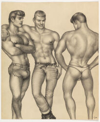 1963 3boys ass bara bulge butt_crack chest_hair gay male male_only monochrome muscular nipples original penis_outline simple_background speedo tom_of_finland traditional_media underwear white_background yaoi