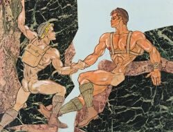 1962 2boys ass backpack beanie blonde_hair brown_hair climbing footwear gay light_skin male male_only muscular nipples no_visible_genitalia original socks steve_masters_(mike_miksche) tan_skin tanline traditional_media yaoi