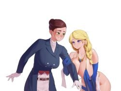1futa 1girls aurora_(zero_one) belt blonde_hair blue_eyes blushing brown_hair cleavage commission commissioner_upload earrings ethernia345 french_braid fully_clothed fully_clothed_futa gloves grabbing_arm green_eyes hair_bun huge_breasts livia_(zero_one) love nearly_nude necklace no_bra no_panties pale-skinned_female pale-skinned_futa revealing_clothes revealing_dress sideboob smiling underboob wide_hips