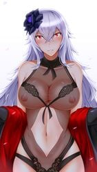 areolae azur_lane bangs bare_shoulders black_swimsuit blush breasts clavicle cleavage clothing_cutout cowboy_shot crossed_bangs eyebrows_visible_through_hair female female flower gradient gradient_background graf_zeppelin_(azur_lane) graf_zeppelin_(beachside_urd)_(azur_lane) hair_between_eyes hair_flower hair_ornament hands_up head_tilt high_resolution highleg impossible_clothes impossible_swimsuit iron_cross large_breasts leg_up long_hair looking_at_viewer messy_hair misono_thiaki navel navel_cutout nipples off_shoulder one-piece_swimsuit parted_lips petals red_eyes see-through sidelocks signature silver_hair simple_background skindentation smile solo stomach swimming swimsuit taut_clothes taut_swimsuit thighs upper_body very_high_resolution very_long_hair