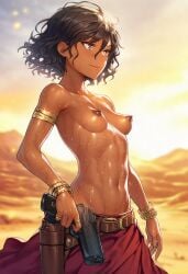 ai_generated original_character morocco caramel-skinned_female dark_skin dark-skinned_female dark_nipples desert perky_breasts erect_nipples gun firearm red_gown leather leather_belt ring rings bracelet bracelets topless topless_female posing posing_for_picture black_hair red_eyes red_eyes_female black_hair_female wavy_hair smiling