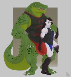 abs absurd_res alligator alligatorid anthro balls belly bodily_fluids canid canine canis crocodile crocodilian crocodylid duo genital_fluids genitals hi_res male male/male males_only mammal muscular precum reptile scalie size_difference wolf wulfiewilk