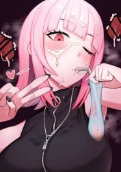 1girl 2boys alternate_hairstyle artist_name bar_censor bendy_straw black_nails blunt_ends blush breasts censored commentary condom cum cum_on_hair cum_string cumdrip drinking_from_condom drinking_straw drinking_straw_in_mouth english_commentary facial_hair gokkun group_sex haman_mahaman highres holding hololive hololive_english large_breasts medium_hair mmf_threesome mori_calliope multiple_boys nail_polish one_eye_closed penis pink_eyes pink_hair purple_background sleeveless solo threesome twitter_username upper_body used_condom v virtual_youtuber zipper
