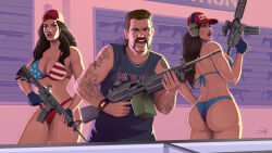 absurd_res ak-47 ak-74 alternate_version american_flag_bikini arm_tattoo arm_tattoos ass ass_cleavage assault_rifle bare_shoulders bikini brown_hair_female brown_hair_male brunogoretti bubble_ass bubble_butt cleavage fingerless_gloves grand_theft_auto grand_theft_auto_vi heavenly_ass heavenly_body heavy_machine_gun highres holding_gun holding_guns long_hair long_hair_female navel phil_(gta_vi) posing rockstar_games short_hair shoulder_tattoo tagme unnamed_characters watermark