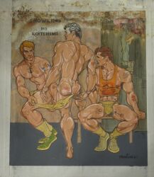 1961 3boys ass bara black_hair blonde_hair brown_hair bulge dated gay jockstrap light_skin locker_room male male_only muscular necklace nipples original spread_legs steve_masters_(mike_miksche) tank_top tattoo traditional_media yaoi