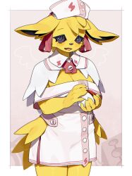 1girls female female_only solo looking_at_viewer kame_3 nintendo pokemon eeveelution generation_1_pokemon jolteon pokemon_(species) 2026 digital_drawing_(artwork) digital_media_(artwork) hi_res anthro biped blush breasts claws clothed clothed_anthro clothed_female clothing fingers front_view fur hair standing teeth tongue nurse nurse_cap nurse_uniform
