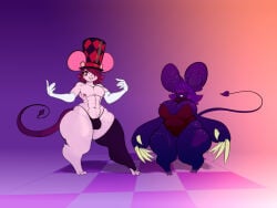 abs abstract_background anthro armwear big_breasts big_claws bow_tie breasts buckteeth bulge claws clothing dark_body dark_fur digitigrade duo elbow_gloves female femboy fur gloves hair hair_over_eye hair_over_eyes handwear hat headgear headwear hi_res male mammal markings mouse murid murine muscular muscular_femboy muscular_male nekoturny panty_bulge pecs pink_body pink_fur purple_body purple_fur rodent shortstack shortstack_anthro shortstack_female shortstack_male slightly_chubby slightly_chubby_female spade_tail spots spotted_markings tail teeth thick_thighs thong tight_clothing top_hat underwear unusual_anatomy unusual_tail