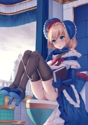 1girl absurdres alice_margatroid anus bare_shoulders bathroom black_thighhighs blonde_hair blue_choker blue_dress blue_gloves blue_shoes blush bonnet book bow breasts censored choker cleavage clitoris cloud cloudy_sky d: dress elbow_gloves frilled_bonnet frilled_choker frilled_dress frills gloves high_heels highres holding holding_book knees_up legs_up mechrailgun medium_breasts mosaic_censoring open_mouth panties panty_pull petticoat raised_eyebrows red_bow red_eyes see-through_clothes see-through_thighhighs shoes short_hair sitting sky sleeveless sleeveless_dress solo spire stairs thighhighs tiles toilet touhou underwear white_panties