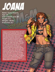 1girls blue_eyes bracelets brown_hair character_profile character_sheet clothed clothed_female coat coat_open darkereve female jacket jacket_open jagua_tales joana_dolores long_hair model_sheet pants solo solo_female solo_focus tagme yellow_coat yellow_jacket_(clothing)