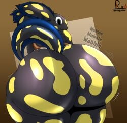 1boy 5_fingers anthro ass axo_(fortnite) axolotl big_ass black_shorts booty_shorts bubble_butt clothed dolphin_shorts evil_container fortnite fortnite:_battle_royale furry gluteal_fold gun male male_only multicolored_body object_between_ass purple_body red_body rixtry_oficial shoes side_view sideass solo tagme tail tank_top