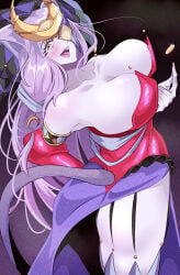 1girl ass blush cat_ears cat_tail coin dress duel_monster fully_clothed gold_jewelry golden_eyes haijiru334 hair_over_one_eye jewelry juicy_lips large_breasts lunalight lunalight_perfume_dancer purple_body purple_hair yu-gi-oh!