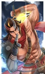 1boy abs absurd_res ahoge another_eidos_of_dragon_vein_r armpits arms_up bandaged_hand bara bare_breasts beard_stubble beefy biceps big_areola bracelet breasts brown_hair bulge bulge_through_clothing chains chest_hair dutch_angle fingerless_gloves forked_eyebrows full_moon fundoshi gay gloves grey_body half_demon hi_res holding_weapon horn hunk kongoh_(another_eidos) legs_apart long_hair long_scarf male male_only manly mature_male mofnyan moon muscles muscular muscular_arms muscular_male night ninja pecs red_fundoshi revealing_clothes rokushaku_fundoshi scar scar_on_chest scarf scroll shoulder_armor six_pack skimpy solo standing straps thick_eyebrows topless tough_guy two-tone_body veiny_arms very_high_resolution weapon weapon_on_back white_border yaoi yellow_eyes
