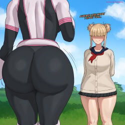 2girls ass big_ass boku_no_hero_academia breasts brown_hair bubble_butt canon clothing fat_ass female female_only gluteal_fold hero_outfit_(mha) himiko_toga huge_ass huge_breasts large_ass my_hero_academia ochako_uraraka post-timeskip shounen_jump side_view solo superbusty thick_ass thick_thighs thunder_thighs wide_hips