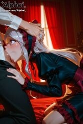 shalltear_bloodfallen overlord 1girl 1boy female_focus solo_focus grey_hair long_hair red_eyes silver_hair black_dress bonnet bow dress frilled_dress frills large_bow long_sleeves vampire cat_pupils side_view penis from_side tongue_out kneeling hands_on_own_knees looking_at_viewer head_grab white_shirt face_fuck deepthroat blush full-face_blush crying streaming_tears wide_eyed surprised to_the_base balls drooling red_bedroom red_room face_focus close_shot zoom_shot raised_eyebrows naughty_face volumetric_lighting dramatic_shadows cinematic_lighting colorful_background detailed_background particles skindentation detailed_skin detailed_hair depth_of_field semirealistic patreon patreon_url patreon_link patreon_username 2025 2026 highres high_resolution high_quality absurd_res absurdres blushing ai ai_art ai_assisted ai_generated ai-created alphai