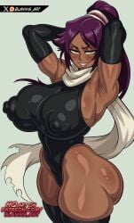 1girls armpits arms_behind_head arms_up armwear big_breasts big_nipples blannis_art bleach bleach:_the_thousand-year_blood_war dark-skinned_female dark_purple_hair dark_skin female female_focus female_only hands_behind_head huge_ass ponytail purple_hair seductive_look seductive_smile shihouin_yoruichi shiny_skin skin_tight skinsuit smug_smile solo solo_female thick_thighs thunder_thighs toned toned_female violet_hair visible_nipples wide_hips yellow_eyes yoruichi_shihouin