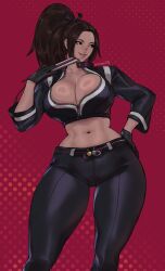 1girl abs absurdres aoran_p.b. aoranpb artist_name biker_girl black_gloves black_jacket black_pants breasts brown_eyes brown_hair cleavage collarbone commentary crop_top cropped_jacket english_commentary fatal_fury fatal_fury:_city_of_the_wolves feet_out_of_frame female forehead gloves gradient_background hair_ornament hand_fan hand_on_hip hand_on_own_hip high_ponytail highres holding holding_fan huge_breasts jacket king_of_fighters large_breasts leather_gloves lips long_hair looking_to_the_side mai_shiranui mai_shiranui_(city_of_the_wolves) mai_shiranui_(street_fighter_6) midriff narrow_waist navel no_bra official_alternate_costume pants parted_bangs parted_lips pink_lips ponytail red_background shiranui_mai skin_tight smile solo street_fighter street_fighter_6 sweat thick_thighs tight_clothes tight_pants toned toned_female unzipped wide_hips zipper