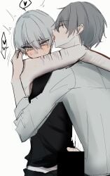 2boys 7_i_i assisted_masturbation bar_censor black_tank_top blush censored cuts flustered grey_hair heart highres hug injury kiss long_sleeves male_focus male_masturbation masturbation multiple_boys original pretty_boy self-harm shirt short_hair skinny spoken_heart tank_top white_hair white_shirt wrist_cutting yaoi