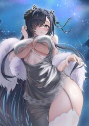 1girl absurdres august_von_parseval_(azur_lane) azur_lane black_horns breasts commentary_request curled_horns dress feather_boa from_below fur_shawl glitter_dress grey_eyes grey_hair hair_over_one_eye highres horns large_breasts long_hair looking_at_viewer mechanical_horns night official_alternate_costume one_eye_covered pink_nails shawl silver_dress sky solo star_(sky) starry_sky thighhighs underboob very_long_hair white_thighhighs