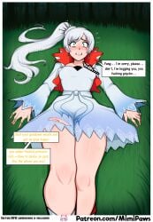1girls ai_generated begging blood blue_eyes boots dress english_text grass injury long_hair mimipaws ponytail rooster_teeth rwby scared torn_clothes weiss_schnee white_hair