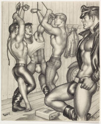 1963 4boys ass bara big_ass bulge chest_hair forced gay indoors leather leather_jacket male male_only monochrome motorcycle muscular nipples original pubic_hair restrained rope tank_top thong tied_hands tight_pants tom_of_finland traditional_media yaoi