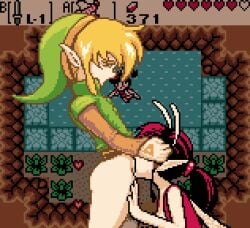 1boy 1girl black_hair blonde deepthroat female great_fairy legend_of_zelda link male nibbler2345 oracle_of_ages oracle_of_seasons pixel_art ponytail red_hair