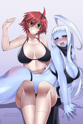 ass black_panties black_sclera blue_skin blush duo grin heterochromia kneeling lala_(monster_musume) lindaroze monster_musume_no_iru_nichijou over_the_knee over_the_knee_spanking panties questionable_consent red_hair silver_hair spanked spanking tagme underwear x-ray yellow_eyes yuri zombie zombina