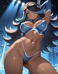 shelly_(pokemon) pokemon shelly_(pokemon_oras) ai_generated swimsuit blue_bikini dark_skin arm_behind_head goggles_on_head earrings blue_hair black_hair multicolored_hair 1girl solo_focus sweat lips thighs highleg_bikini jewelry streaked_hair hair_over_one_eye eyewear_on_head solo long_hair dark-skinned_female navel parted_lips blue_gloves big_breasts cameltoe two-tone_hair arm_up gloves looking_at_viewer elbow_gloves ass_visible_through_thighs pole armpits green_eyes striptease stripclub pole_dancing pole_dance pole_dancer