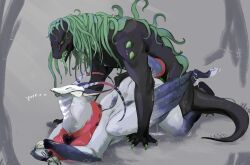 anthro avian bodily_fluids bone breasts claws cum cum_drip doggystyle dripping duo female folded_wings from_behind_position genital_fluids horn long_tongue male male/female monster pseudo_hair scalie sex short_tail skull skull_head spikes tail tentacle_grab tentacle_hair tentacles tongue tsunekitsune wings