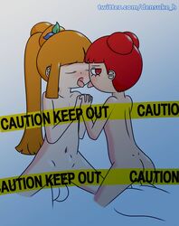 2girls censored densukemw dharam_(underfity) kissing lemon_(underfity) orange_hair red_hair underfity