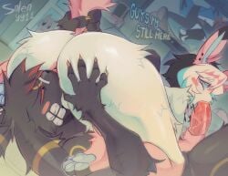 69_position absurd_res anal annoyed anthro anus background_character big_butt big_penis black_body black_fur blue_pawpads butt duo duo_focus eeveelution facial_piercing femboy fur generation_2_pokemon generation_4_pokemon generation_6_pokemon genitals group hi_res humanoid_genitalia humanoid_penis lip_piercing lucario male male/male male_penetrated male_penetrating male_penetrating_male nintendo oral pawpads penetration penis penis_grab piercing pokemon pokemon_(species) red_eyes rimming sex snakebite_piercing solenyy sylveon umbreon video_call white_body white_fur