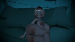 self_upload vrcfemboy vrchat vrchat_avatar vrchat_model blonde_hair 1girls 1girl solo bed big_breasts large_breasts fat_ass big_ass large_ass thick_thighs thick_ass laying_on_side laying_down laying_on_bed useless_clothing short_shorts no_bra no_top big_nipples long_eyelashes long_lashes blush makeup looking_at_viewer black_hair dim_lighting