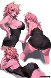 1girl absurdres ashido_mina ashido_mina_time-skip ass big_ass black_dress black_sclera boku_no_hero_academia breast_press breasts colored_sclera colored_skin dress highres horns lady_shin large_breasts looking_at_viewer mina_ashido mina_ashido_time-skip multiple_views my_hero_academia my_hero_academia_(finale) open_mouth pink_hair pink_skin post-timeskip simple_background smile tight_clothes tight_dress white_background yellow_eyes