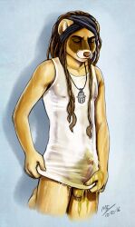 1boy anthro balls bodily_fluids clothing furry genital_fluids male moodyferret nipples peeing penis shirt solo topwear urine wetting white_clothing white_shirt white_topwear