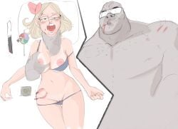 1boy1girl absurd_res aged_up anonymous_artist bald bikini bite_mark blonde_hair bloody_nose blue_eyes blush bowtie cobra_(drawfag) condom doctos exposed_breasts exposed_pussy forced glasses grabbing_breasts grey_body hair_ornament imminent_rape knife larger_male licking_lips lollipop male/female open_mouth pink_nipples rapeson simple_background smaller_female soyjak soyjak.party soylita tanline tears veins white_skin