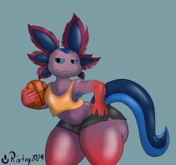 1boy 5_fingers anthro ass axo_(fortnite) axolotl big_ass black_shorts booty_shorts bubble_butt clothed dolphin_shorts evil_container fortnite fortnite:_battle_royale furry gluteal_fold gun male male_only multicolored_body object_between_ass purple_body red_body rixtry_oficial shoes side_view sideass solo tagme tail tank_top