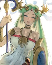 big_breasts nintendo kid_icarus_uprising dancho_no_mori kid_icarus palutena commentary_request highres 1girl armlet bare_shoulders breasts chain circlet collarbone dress forehead_jewel gold gold_chain gold_choker green_eyes green_hair half-closed_eyes holding holding_staff jewelry large_breasts laurel_crown lips long_dress long_hair looking_at_viewer neck_ring necklace parted_bangs parted_lips pendant shield simple_background smile solo staff strapless strapless_dress tiara vambraces very_long_hair white_background white_dress cleavage