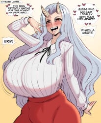 1girl aged_up blush boku_no_hero_academia breasts commentary dress english_commentary eri_(boku_no_hero_academia) eri_(my_hero_academia) gradient_background grey_hair heart highres horns large_breasts long_hair long_sleeves my_hero_academia open_mouth orange_background red_eyes red_skirt saltyxodium shirt skirt solo sweat