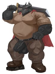 anthro balls belt black_body bodily_fluids boots bottomwear brown_boots brown_bottomwear brown_clothing brown_footwear brown_pants brown_shirt brown_topwear cape claws clothing dragon dripping footwear genital_fluids genitals hi_res holding_melee_weapon holding_object holding_sword holding_weapon horn looking_at_viewer male melee_weapon mythological_creature mythological_scalie mythology navel navel_outline overweight overweight_anthro overweight_male pants penis precum precum_drip pupils red_cape red_clothing red_sclera scalie shirt shoes simple_background solo standing sword thick_penis topwear vein veiny_penis weapon white_background yuxiang0209