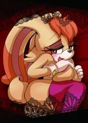 anthro areola_slip areolae aw blush breasts brown_eyes clothes color comic cover_page covering_nipples eyelashes eyeshadow female female_only furry gloves highres holding_breasts japanese_text lagomorph large_breasts legwear lipstick long_ears makeup mammal michiyoshi milf mother nude open_mouth orange_hair parent rabbit sega smile solo sonic_(series) text thighhighs vanilla_the_rabbit