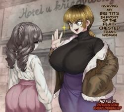 1futa 2girls fear_and_hunger fear_and_hunger:_termina flat_chest futanari huge_breasts karin_(fear_and_hunger) marina_(fear_and_hunger) short_hair tagme thegoldensmurf